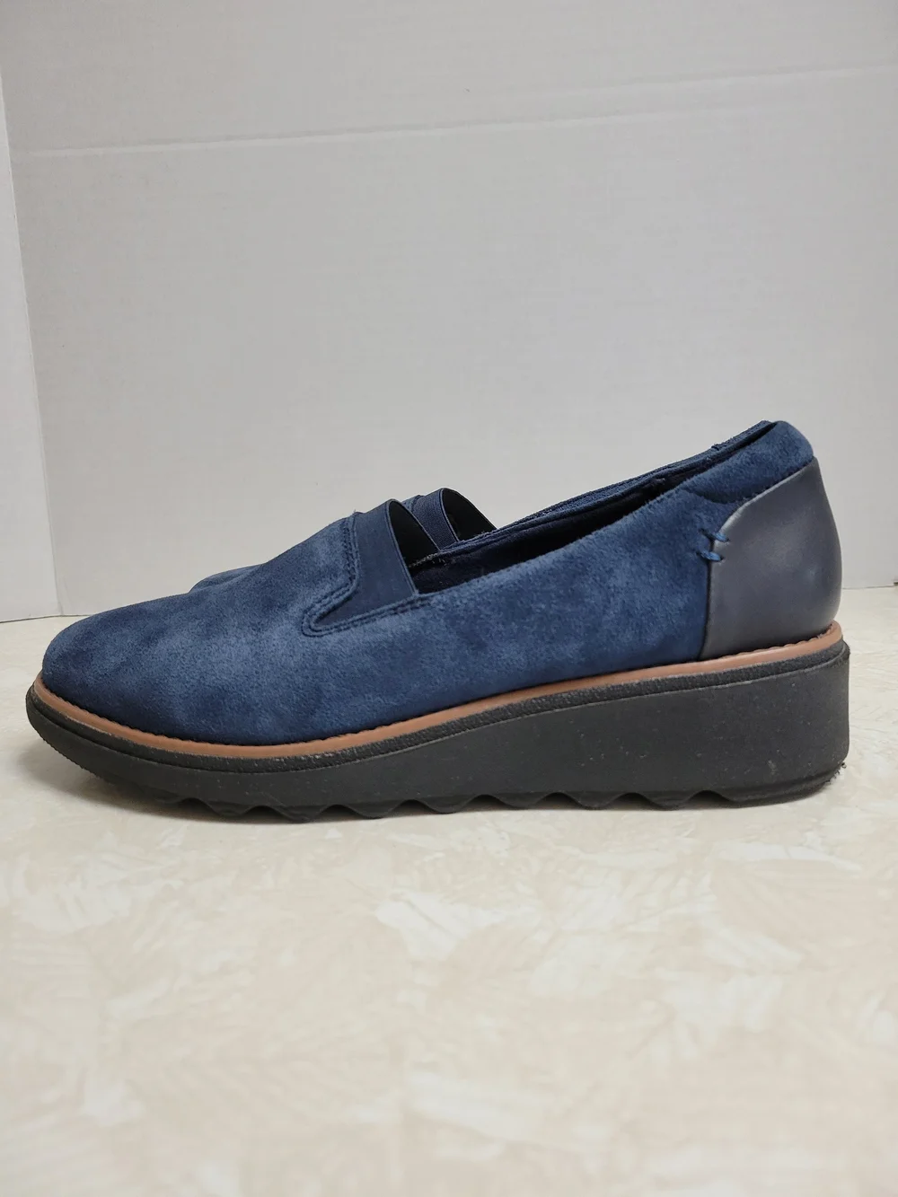 Clarks Navy Suede Slip-On Platform Loafers